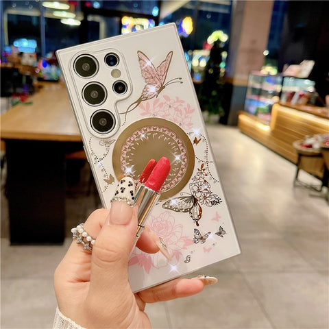 For Samsung Galaxy S24 Ultra Magnetic Case TPU + PC Phone Cover Flower Butterfly Pattern