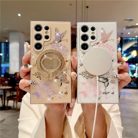 For Samsung Galaxy S24 Ultra Magnetic Case TPU + PC Phone Cover Flower Butterfly Pattern