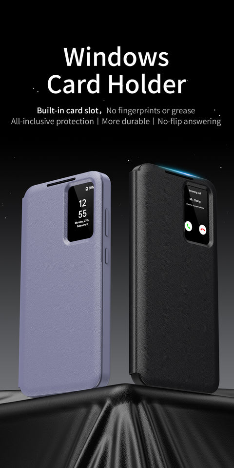 For Samsung Galaxy S25 Case with Card Holder Smart View Window PU Leather+PC+TPU Phone Cover