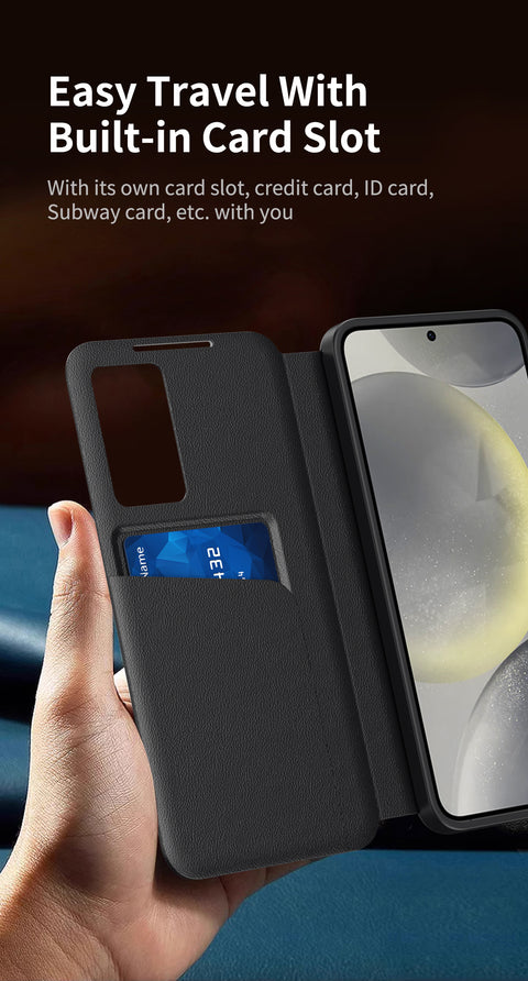 For Samsung Galaxy S25 Case with Card Holder Smart View Window PU Leather+PC+TPU Phone Cover