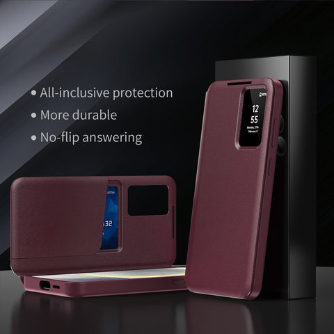 For Samsung Galaxy S25 Case with Card Holder Smart View Window PU Leather+PC+TPU Phone Cover