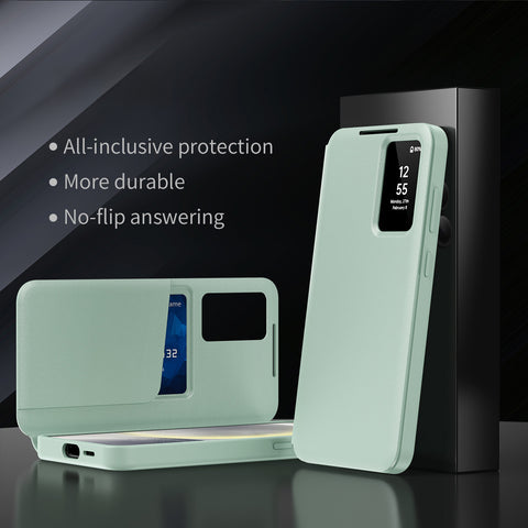 For Samsung Galaxy S25 Case with Card Holder Smart View Window PU Leather+PC+TPU Phone Cover