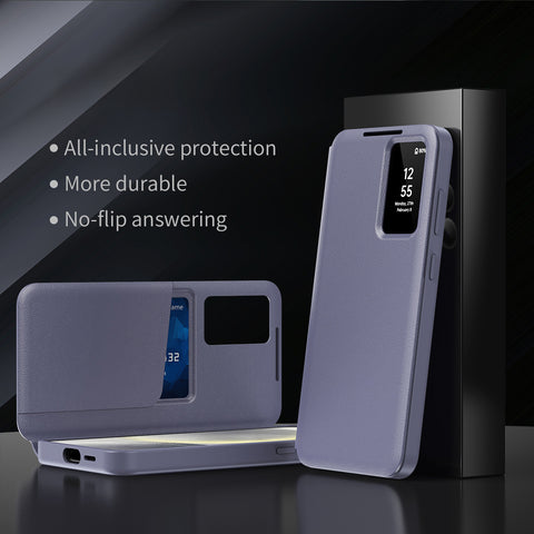 For Samsung Galaxy S25 Case with Card Holder Smart View Window PU Leather+PC+TPU Phone Cover