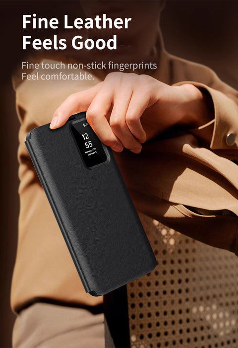 For Samsung Galaxy S25 Case with Card Holder Smart View Window PU Leather+PC+TPU Phone Cover