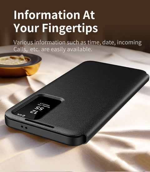 For Samsung Galaxy S25 Case with Card Holder Smart View Window PU Leather+PC+TPU Phone Cover
