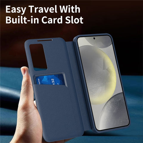 For Samsung Galaxy S25 Case with Card Holder Smart View Window PU Leather+PC+TPU Phone Cover