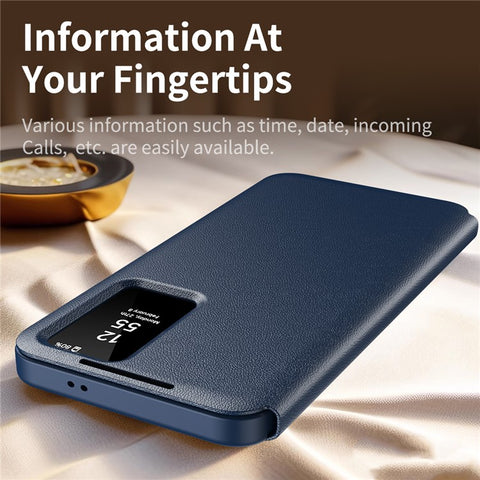 For Samsung Galaxy S25 Case with Card Holder Smart View Window PU Leather+PC+TPU Phone Cover