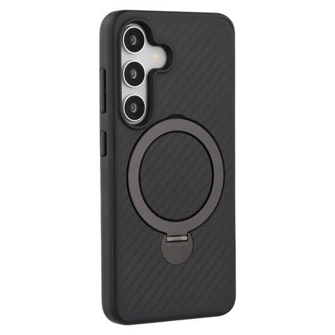 For Samsung Galaxy S25 Magnetic Case TPU+PC Carbon Fiber Texture Phone Cover Rotatable Ring Holder