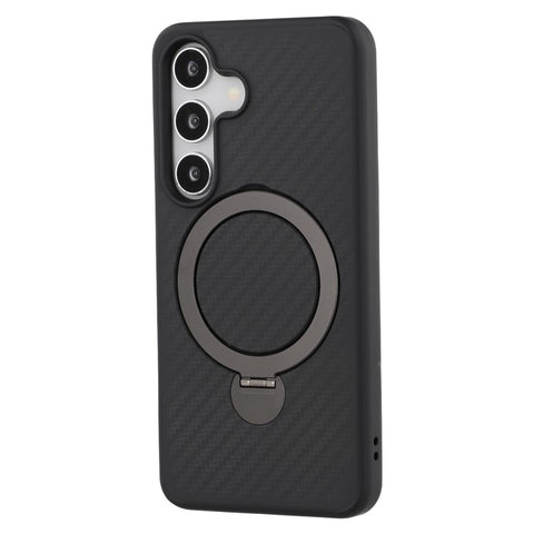 For Samsung Galaxy S25 Magnetic Case TPU+PC Carbon Fiber Texture Phone Cover Rotatable Ring Holder