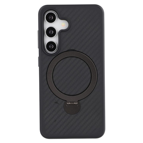 For Samsung Galaxy S25 Magnetic Case TPU+PC Carbon Fiber Texture Phone Cover Rotatable Ring Holder