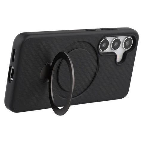 For Samsung Galaxy S25 Magnetic Case TPU+PC Carbon Fiber Texture Phone Cover Rotatable Ring Holder