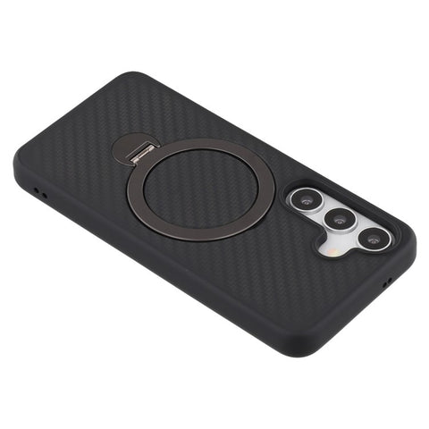 For Samsung Galaxy S25 Magnetic Case TPU+PC Carbon Fiber Texture Phone Cover Rotatable Ring Holder
