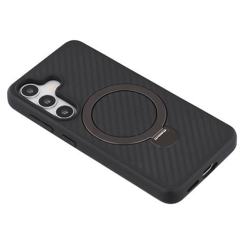 For Samsung Galaxy S25 Magnetic Case TPU+PC Carbon Fiber Texture Phone Cover Rotatable Ring Holder