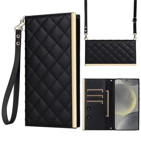 For Samsung Galaxy S25+ Case Suction Cup PU Leather Wallet Phone Cover with Straps