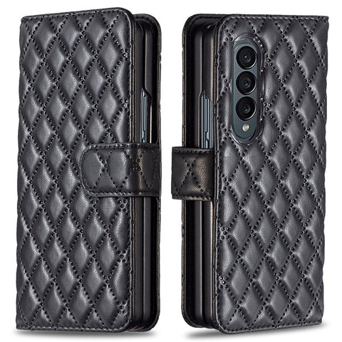 BINFEN COLOR for Samsung Galaxy Z Fold3 5G PU Leather Magnetic Wallet Flip Case Imprinted Rhombus Pattern Stand Protective Phone Cover