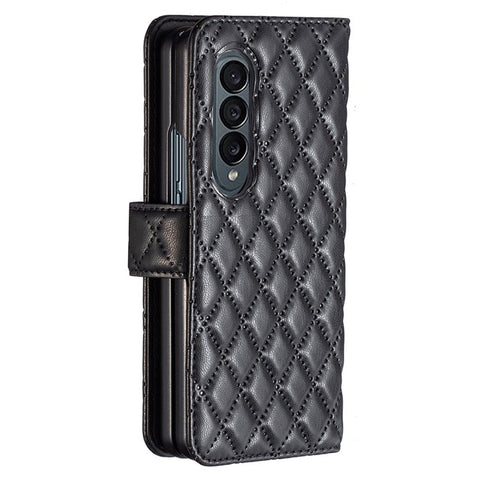 BINFEN COLOR for Samsung Galaxy Z Fold3 5G PU Leather Magnetic Wallet Flip Case Imprinted Rhombus Pattern Stand Protective Phone Cover