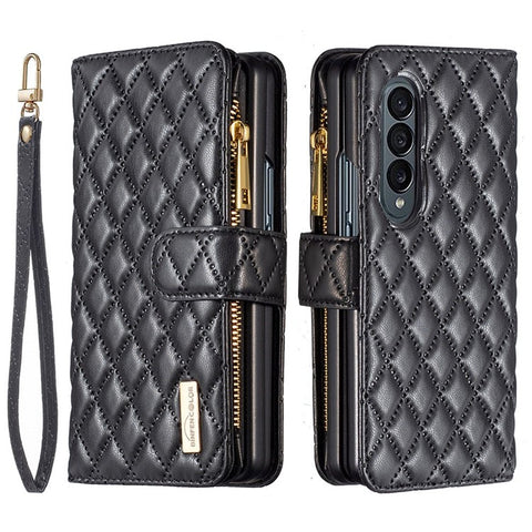 BINFEN COLOR for Samsung Galaxy Z Fold3 5G Magnetic Zipper Pocket Wallet Case PU Leather Imprinted Rhombus Pattern Stand Cover with Strap