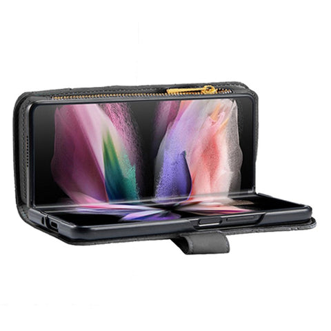 BINFEN COLOR for Samsung Galaxy Z Fold3 5G Magnetic Zipper Pocket Wallet Case PU Leather Imprinted Rhombus Pattern Stand Cover with Strap