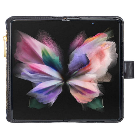 BINFEN COLOR for Samsung Galaxy Z Fold3 5G Magnetic Zipper Pocket Wallet Case PU Leather Imprinted Rhombus Pattern Stand Cover with Strap