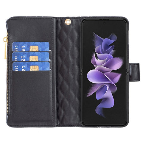 BINFEN COLOR for Samsung Galaxy Z Fold3 5G Magnetic Zipper Pocket Wallet Case PU Leather Imprinted Rhombus Pattern Stand Cover with Strap