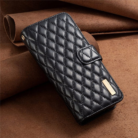 BINFEN COLOR for Samsung Galaxy Z Fold3 5G Magnetic Zipper Pocket Wallet Case PU Leather Imprinted Rhombus Pattern Stand Cover with Strap