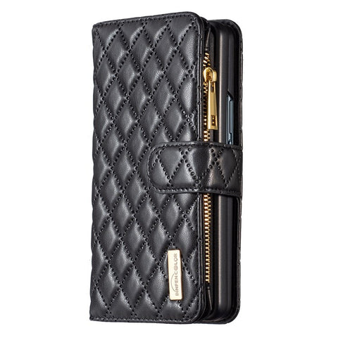 BINFEN COLOR for Samsung Galaxy Z Fold3 5G Magnetic Zipper Pocket Wallet Case PU Leather Imprinted Rhombus Pattern Stand Cover with Strap