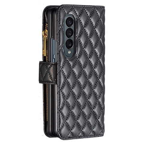 BINFEN COLOR for Samsung Galaxy Z Fold3 5G Magnetic Zipper Pocket Wallet Case PU Leather Imprinted Rhombus Pattern Stand Cover with Strap