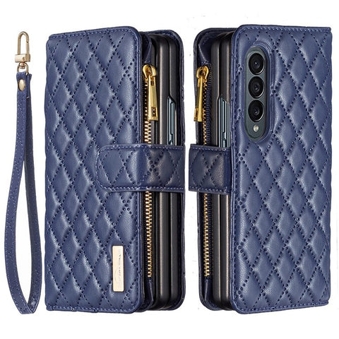 BINFEN COLOR for Samsung Galaxy Z Fold3 5G Magnetic Zipper Pocket Wallet Case PU Leather Imprinted Rhombus Pattern Stand Cover with Strap