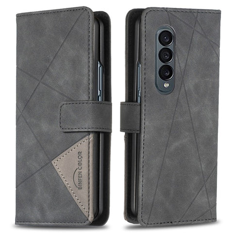 BINFEN COLOR For Samsung Galaxy Z Fold3 5G PU Leather Cover Imprint Geometric Pattern Stand Flip Wallet Phone Case