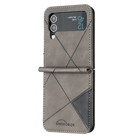 BINFEN COLOR for Samsung Galaxy Z Flip3 5G Imprinted Geometric Pattern Phone Case PU Leather + Hard PC Shell Full Body Shockproof Cover