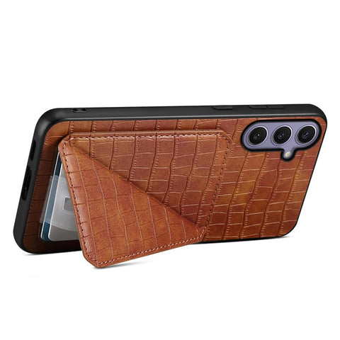 For Samsung Galaxy S25+ Case with Card Holder Leather + PC + TPU Crocodile Textured Back Cover