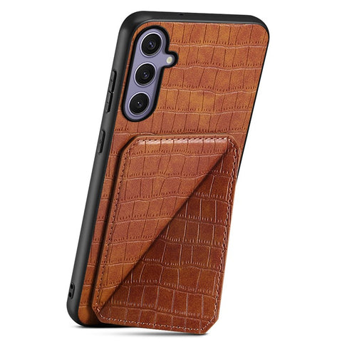 For Samsung Galaxy S25+ Case with Card Holder Leather + PC + TPU Crocodile Textured Back Cover