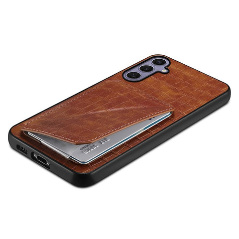 For Samsung Galaxy S25+ Case with Card Holder Leather + PC + TPU Crocodile Textured Back Cover