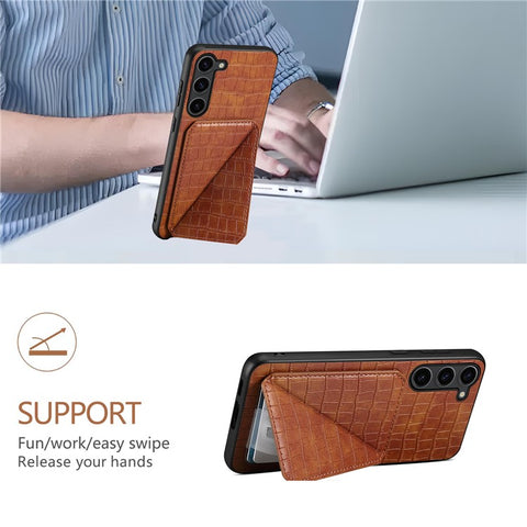 For Samsung Galaxy S25+ Case with Card Holder Leather + PC + TPU Crocodile Textured Back Cover