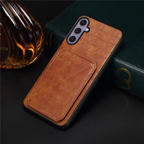 For Samsung Galaxy S25+ Case with Card Holder Leather + PC + TPU Crocodile Textured Back Cover