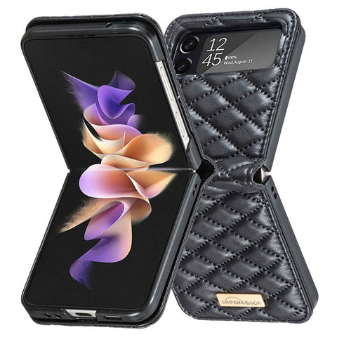 BINFEN COLOR for Samsung Galaxy Z Flip3 5G Imprinted Rhombus Pattern Phone Cover PU Leather Anti-Drop Protective Case