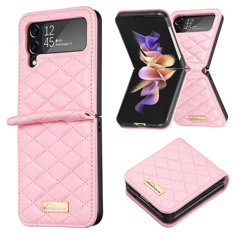 BINFEN COLOR for Samsung Galaxy Z Flip3 5G Imprinted Rhombus Pattern Phone Cover PU Leather Anti-Drop Protective Case