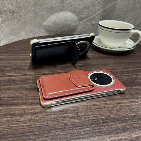 DENIOR For Huawei Mate 70 Magnetic Case Genuine Cow Leather PC Kickstand Phone Cover with Card Holder