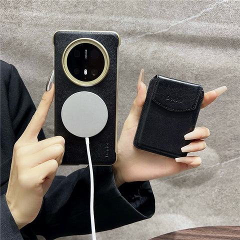 DENIOR For Huawei Mate 70 Magnetic Case Genuine Cow Leather PC Kickstand Phone Cover with Card Holder