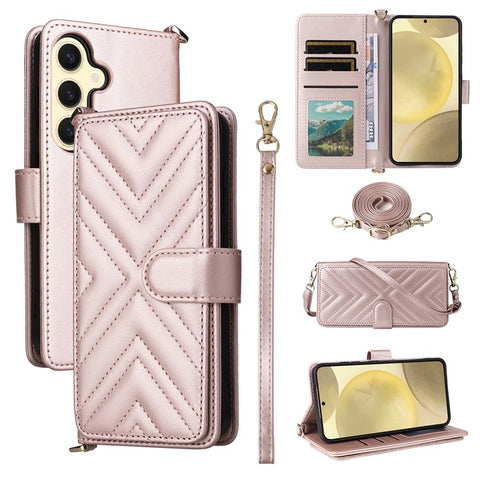For Samsung Galaxy S25 Wallet Case with Shoulder / Wrist Strap Leather Phone Cover Stand