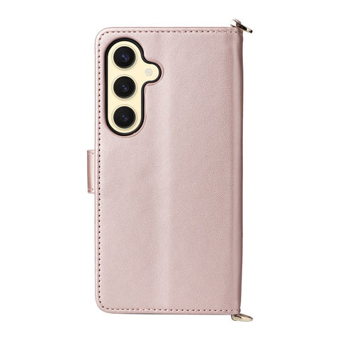 For Samsung Galaxy S25 Wallet Case with Shoulder / Wrist Strap Leather Phone Cover Stand