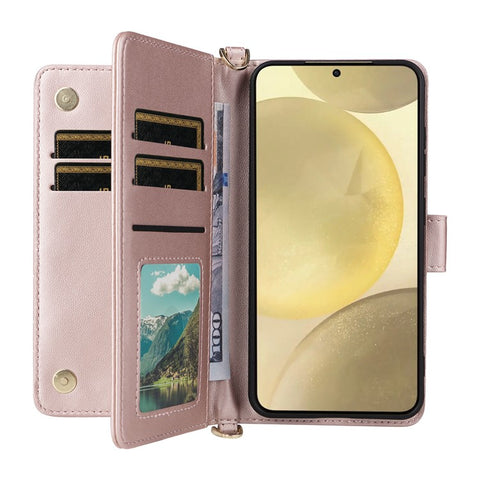 For Samsung Galaxy S25 Wallet Case with Shoulder / Wrist Strap Leather Phone Cover Stand