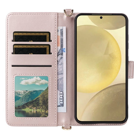 For Samsung Galaxy S25 Wallet Case with Shoulder / Wrist Strap Leather Phone Cover Stand