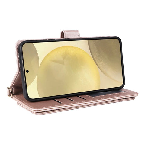 For Samsung Galaxy S25 Wallet Case with Shoulder / Wrist Strap Leather Phone Cover Stand