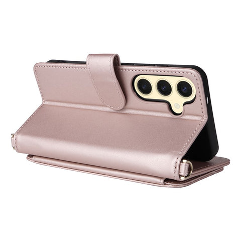 For Samsung Galaxy S25 Wallet Case with Shoulder / Wrist Strap Leather Phone Cover Stand