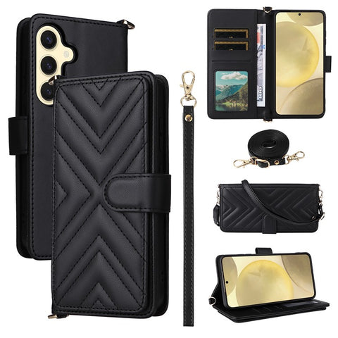 For Samsung Galaxy S25 Wallet Case with Shoulder / Wrist Strap Leather Phone Cover Stand