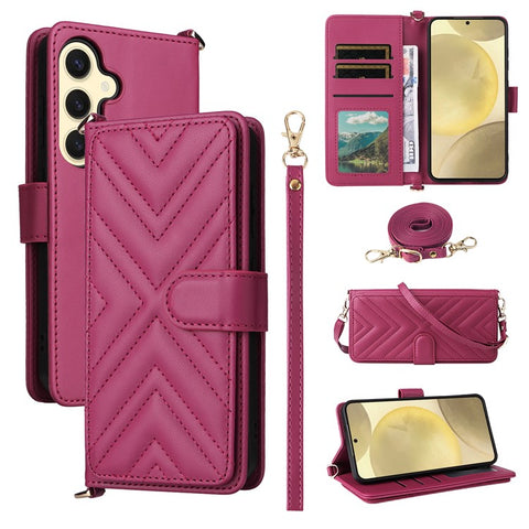 For Samsung Galaxy S25 Wallet Case with Shoulder / Wrist Strap Leather Phone Cover Stand