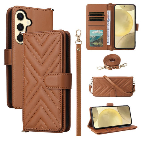 For Samsung Galaxy S25 Wallet Case with Shoulder / Wrist Strap Leather Phone Cover Stand