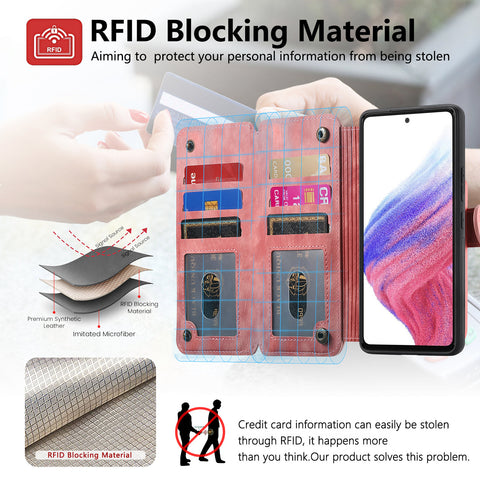 For Samsung Galaxy S22+ 5G Leather Phone Back Cover with RFID Blocking Zipper Wallet Kickstand