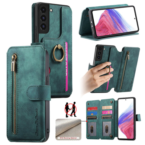 For Samsung Galaxy S22+ 5G Leather Phone Back Cover with RFID Blocking Zipper Wallet Kickstand